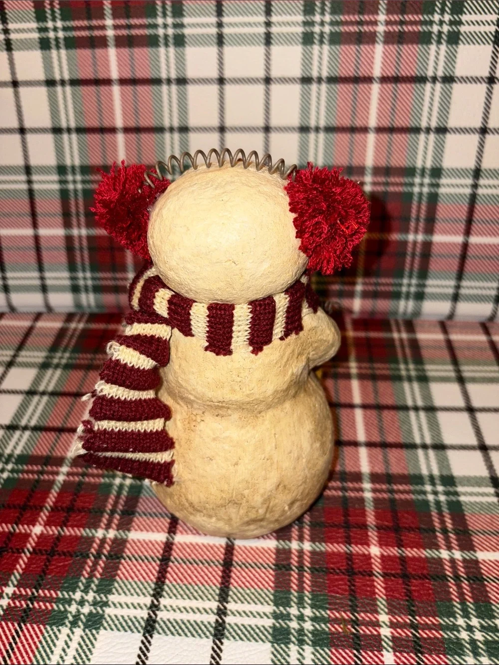 Handcrafted Primitive Holiday Snowman Figurine with Red Accents